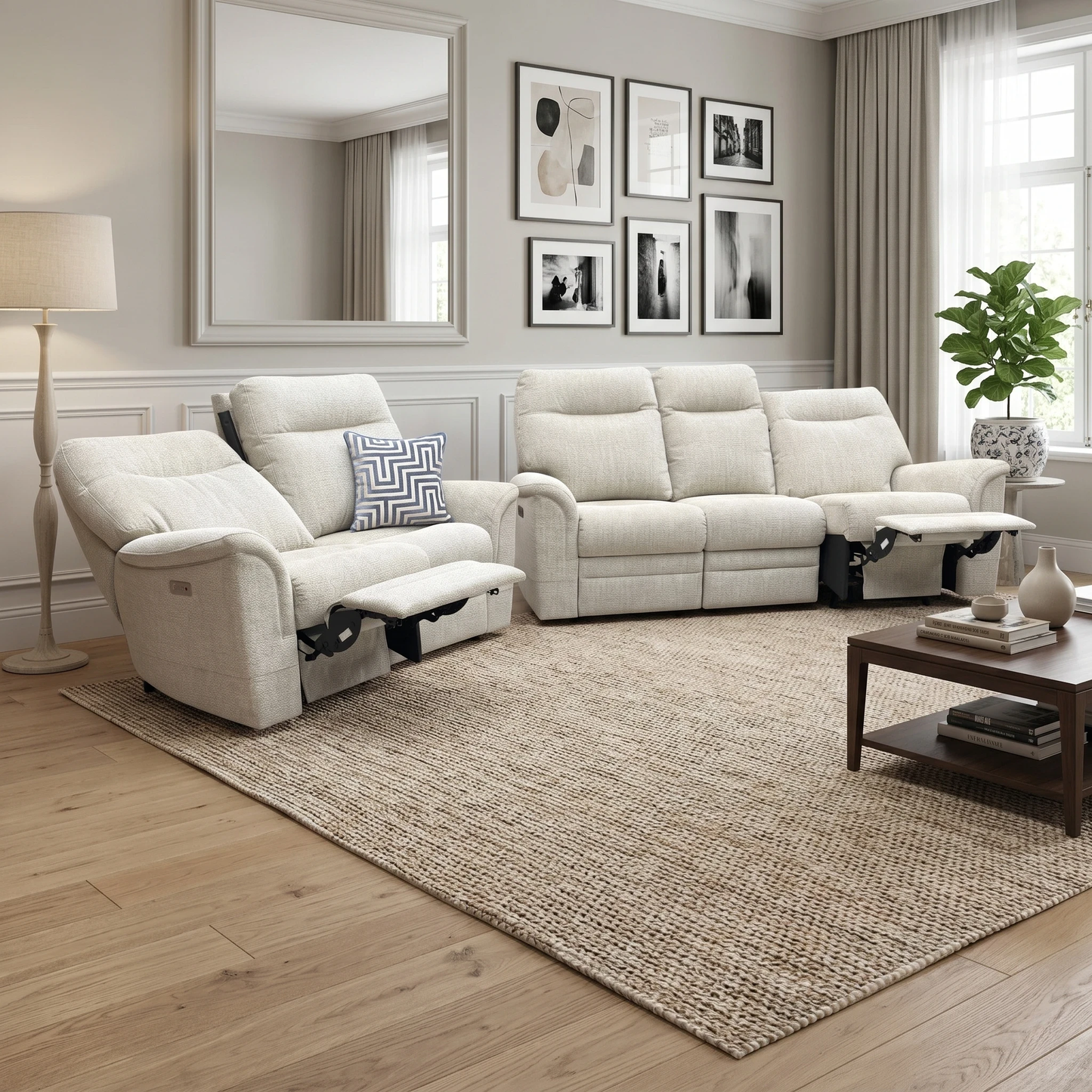 Parker Knoll 'Hudson 23’ Cromwell Mint 001355-0069 Fabric 3 Seater Power Recliner Sofa with Power Headrests and Power Lumbar + 2 Seater Power Recliner Sofa Set, styled in a lifestyle room setting