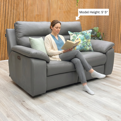 Nicoletti ‘Pepino’ 327 Torello Grigio Scuro Grey Leather 2 Seater Power Recliner Sofa, styled in a lifestyle room setting