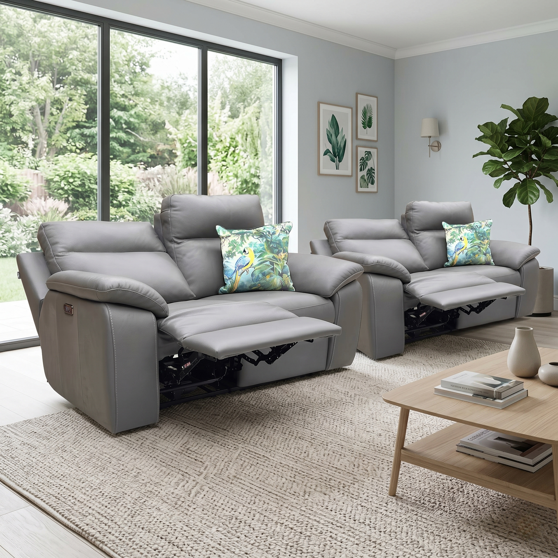 Nicoletti ‘Pepino’ 327 Torello Grigio Scuro Grey Leather Set: 2 + 2 Seater Power Recliner Sofa, styled in a lifestyle room setting