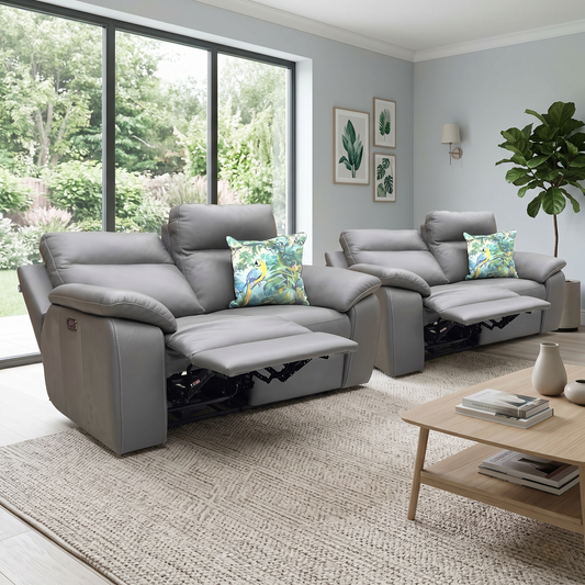 Nicoletti ‘Pepino’ 327 Torello Grigio Scuro Grey Leather Set: 2 + 2 Seater Power Recliner Sofa