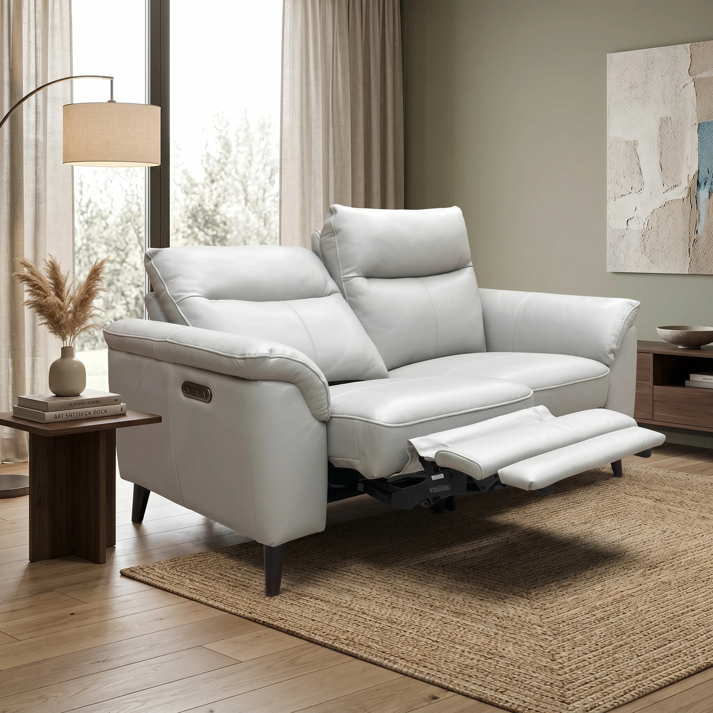 Living room of the Oslo sofa, highlighting the padded wrap-around armrests and the premium light grey leather upholstery.