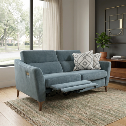 ‘Moderna’ Mht Airforce Blue Sw Linen Fabric 2 Seater Power Recliner Sofa, styled in a lifestyle room setting