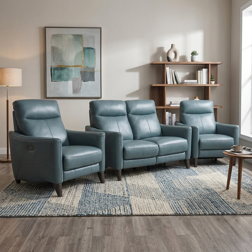 World of Leather Compact Collection ‘Petit’ Nc-301e Lake Green Leather 2 Seater Power Recliner Sofa + Power Chair + Power Chair