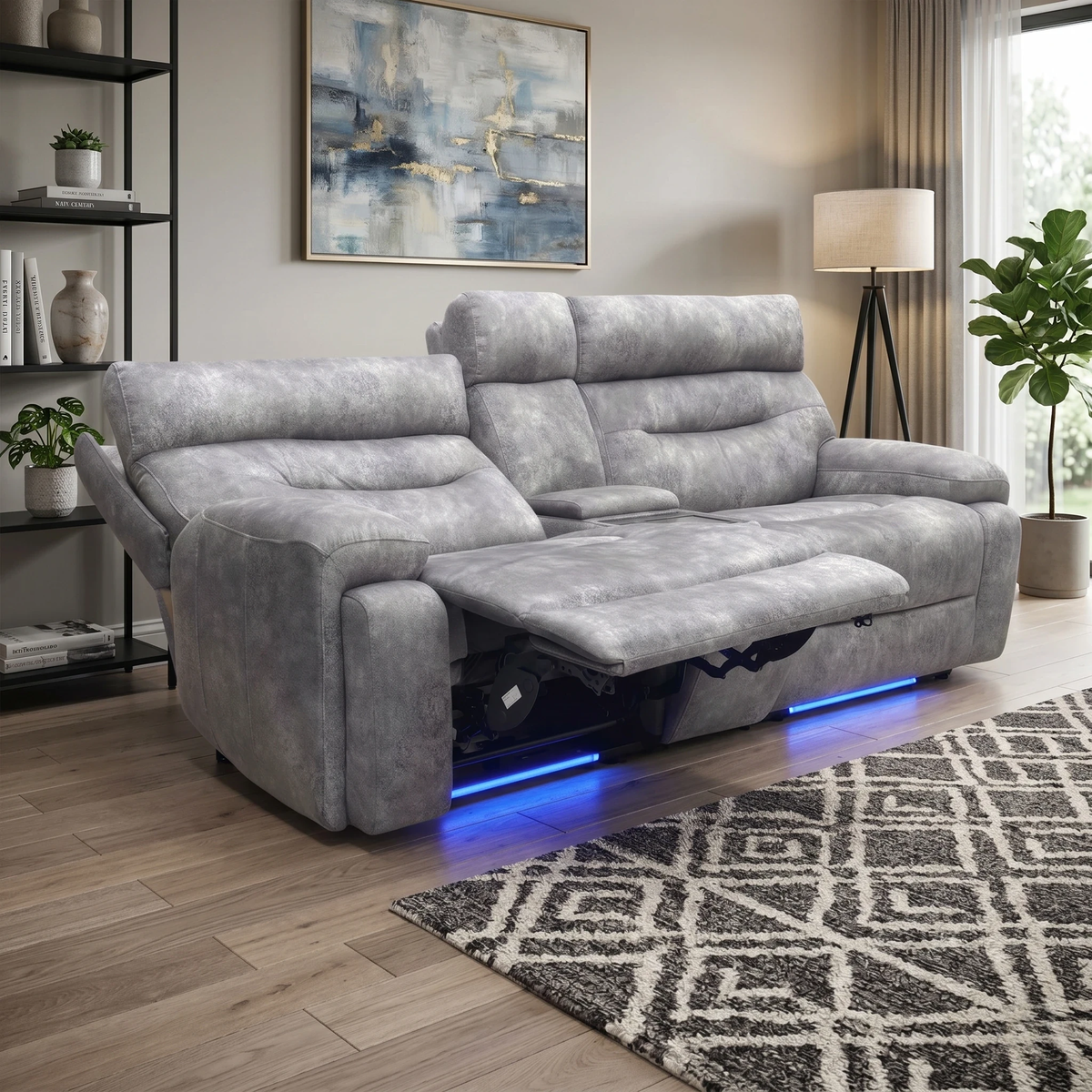 ‘Cinemax’ Marque Seal Grey Mq-0106 Fabric 3 Seater Media Console Power Recliner Sofa with Power Headrests Furniture Village