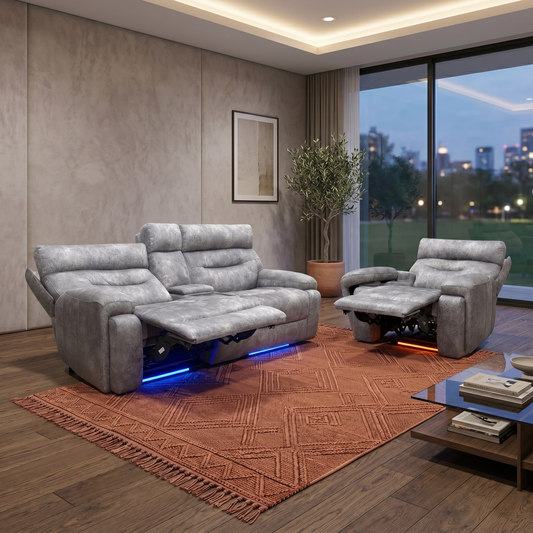 ‘Cinemax’ Marque Seal Grey Mq-0106 Fabric Media Power Recliner Set: 3 Seater Console Sofa & Media Armchair with Power Headrests