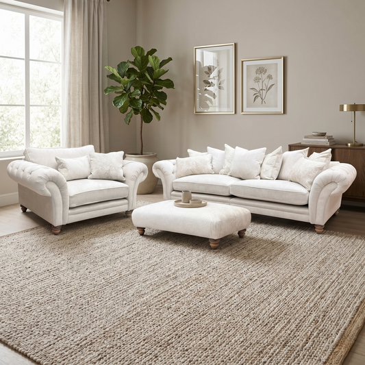 ‘Blenheim’ Darwin Ivory Fabric Set: 4 Seater Scatter Back Split Frame Sofa, Classic Back Snuggler Chair & Savoy Large Bench Footstool Set