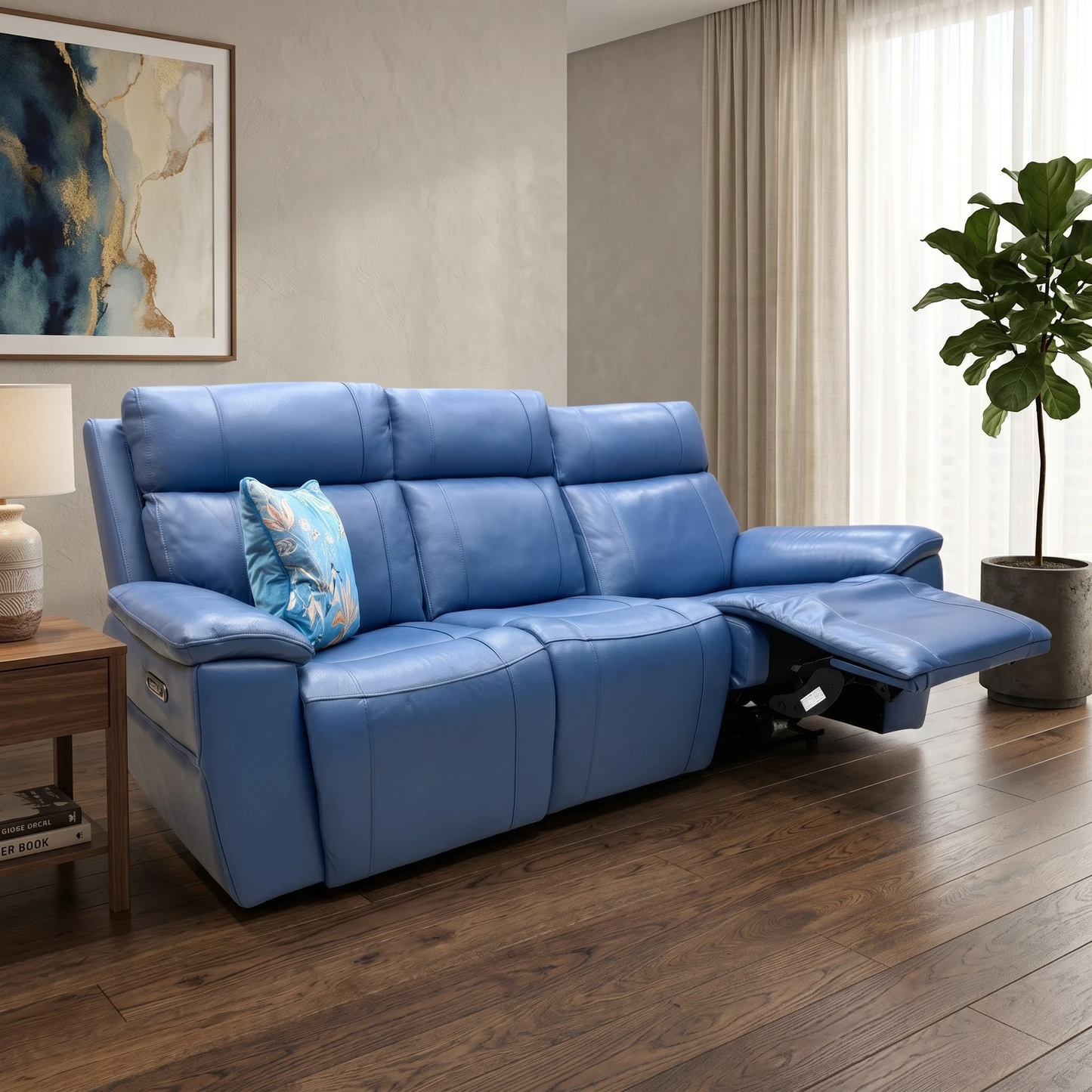 'Aero' Aegean Blue Cat-40/12 Leather 3 Seater Power Recliner Sofa with Power Headrests