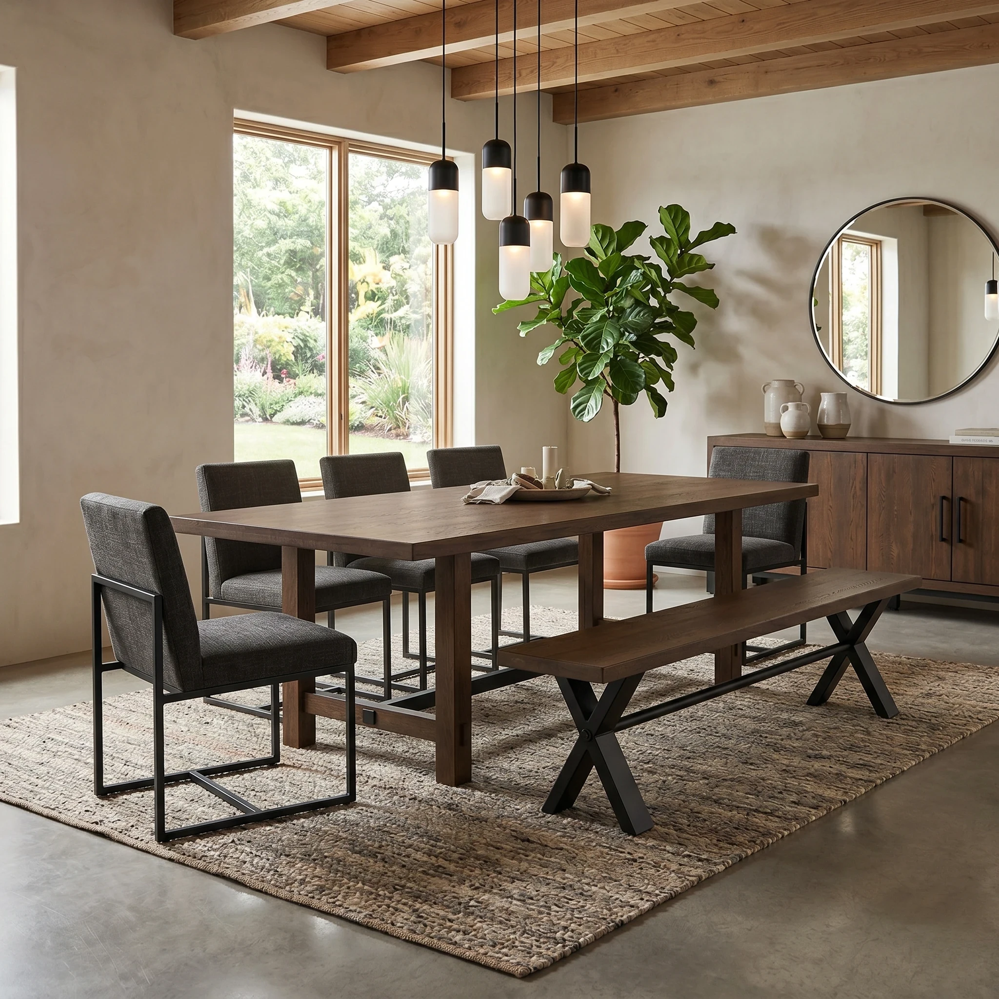 Dining room of the Mars bench, showcasing the rich wood grain and dark oak finish of the expansive seating surface.