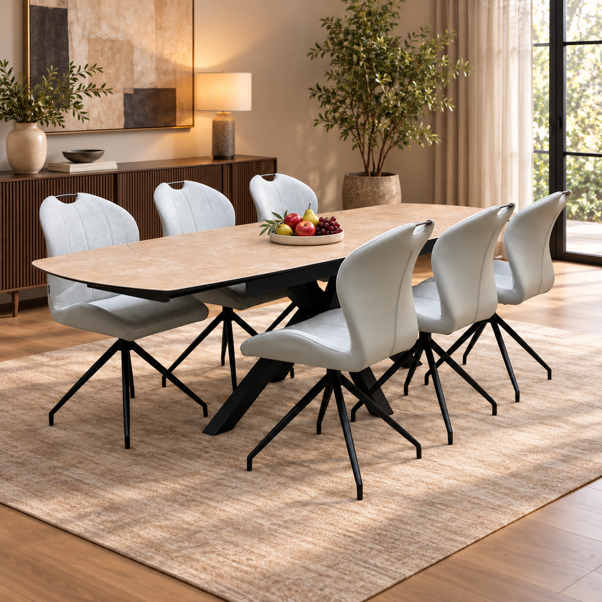 Raul ceramic top dining table and six stone grey swivel chairs in a dining room with a fruit bowl and sideboard