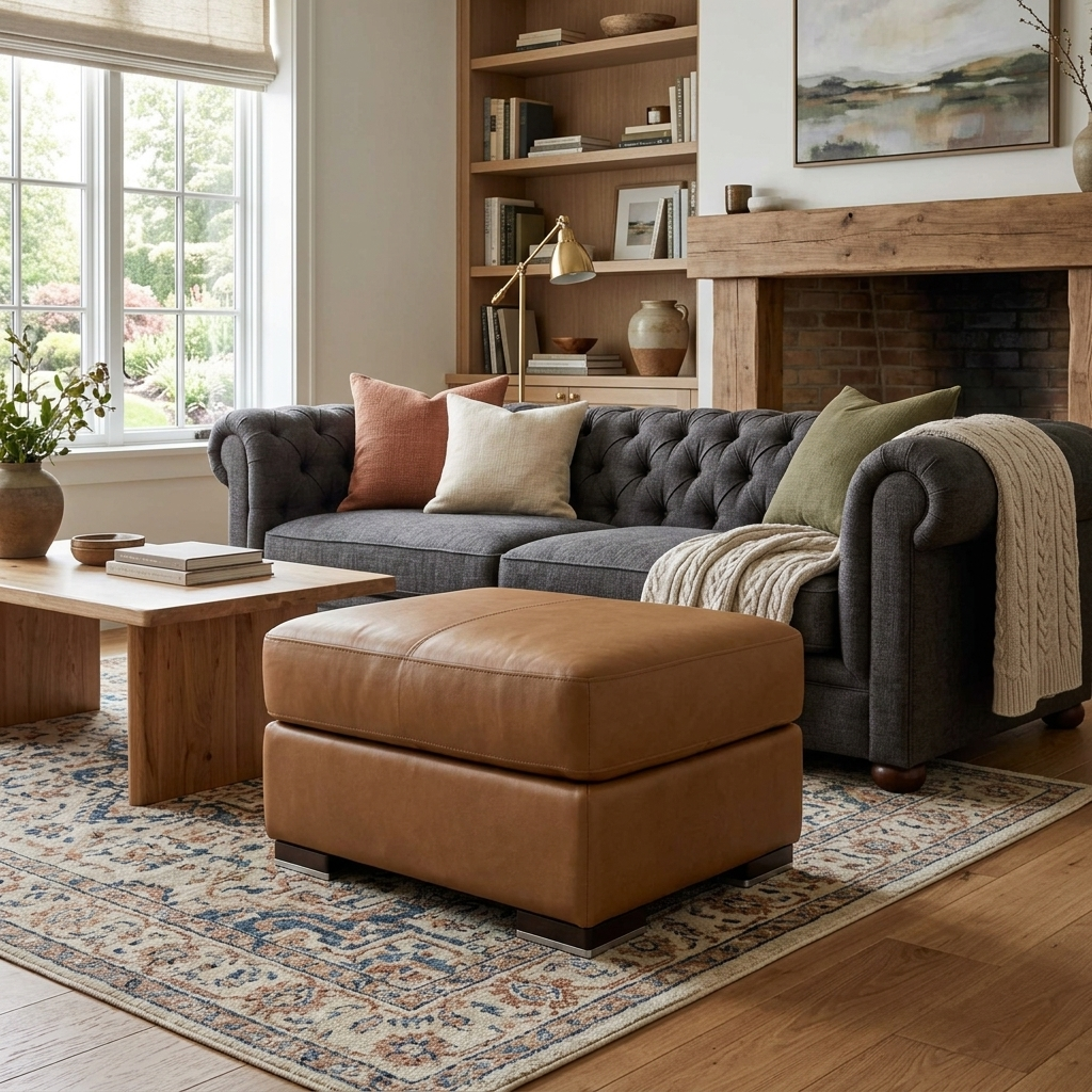 Living room of the Cometa footstool with the lid partially open, revealing the deep internal storage compartment and smooth hinge mechanism.