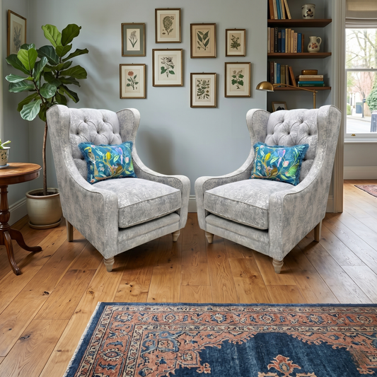 'Blenheim' Savoy Silver Fabric Winged Accent Chair - Set of 2