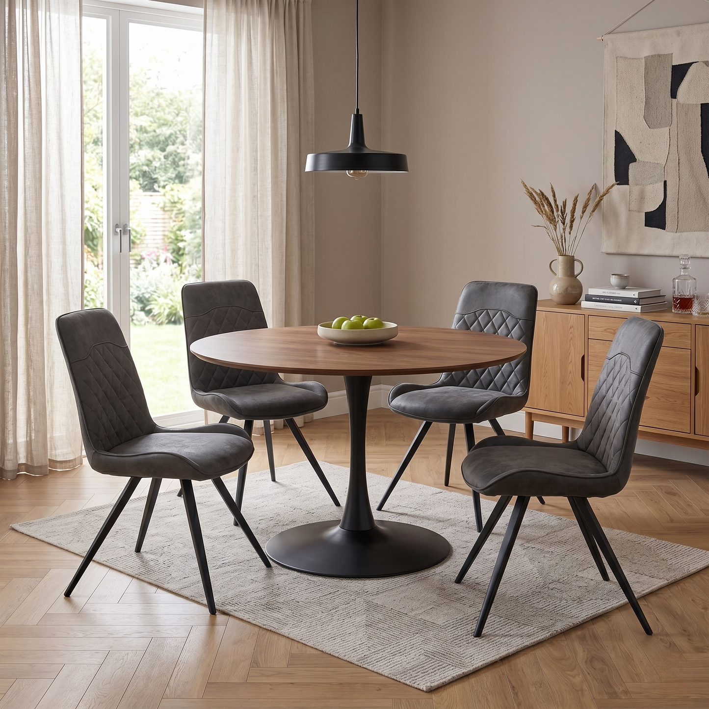 Dining room of a single Warrior grey fabric dining chair against a white background, highlighting its modern curved silhouette and foam cushioning.