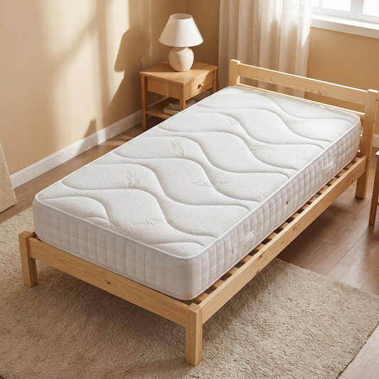 Bedroom view for the Sleep Story Deluxe Firm mattress, highlighting the orthopaedic firm support level, pocket spring system, and hypoallergenic materials.