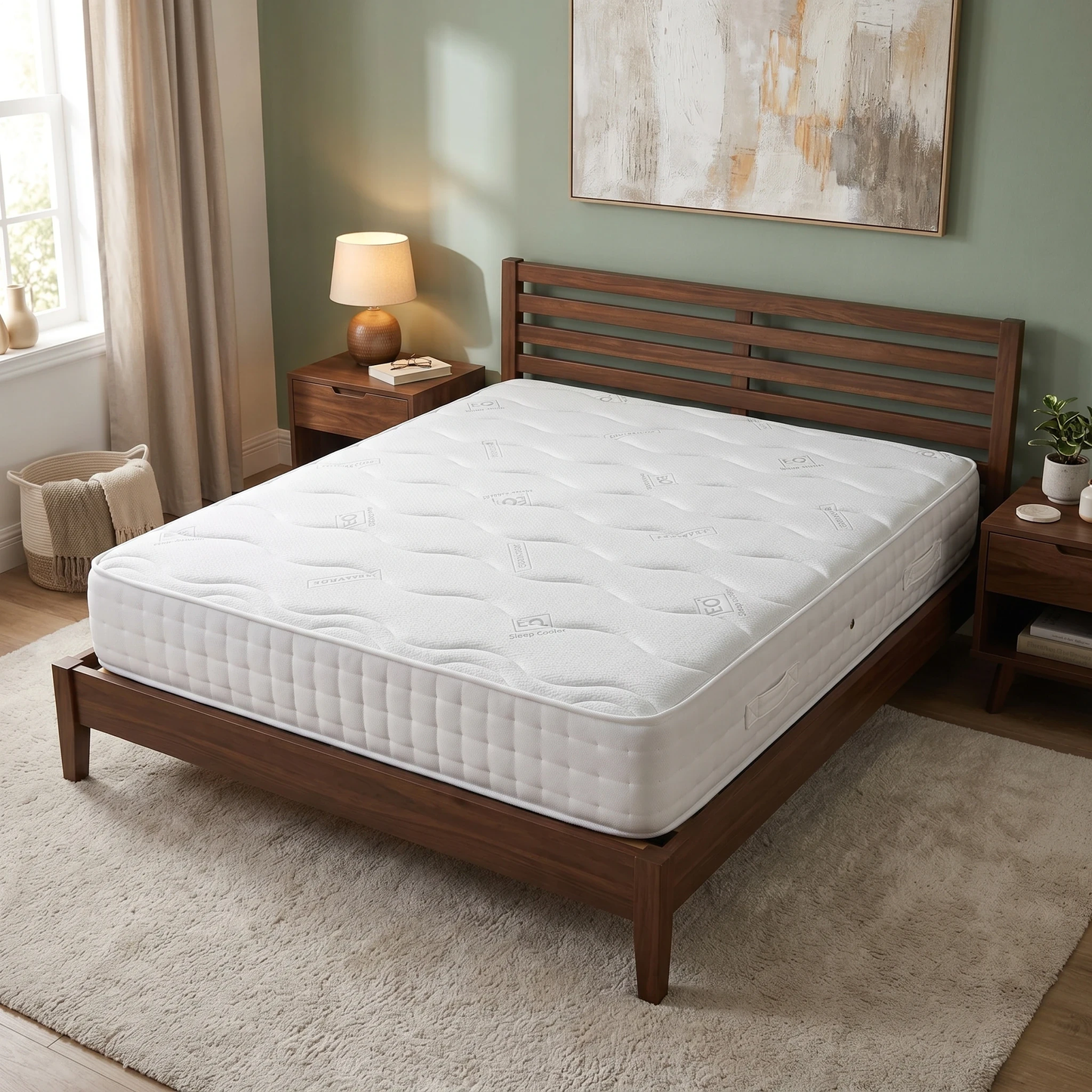 Bedroom view for the Sleep Story mattress, highlighting the combination of pressure-relieving memory foam and supportive individual pocket springs.