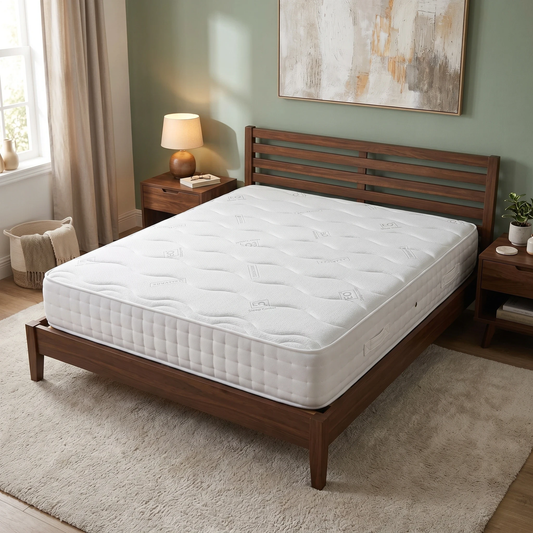 Bedroom view for the Sleep Story mattress, highlighting the combination of pressure-relieving memory foam and supportive individual pocket springs.