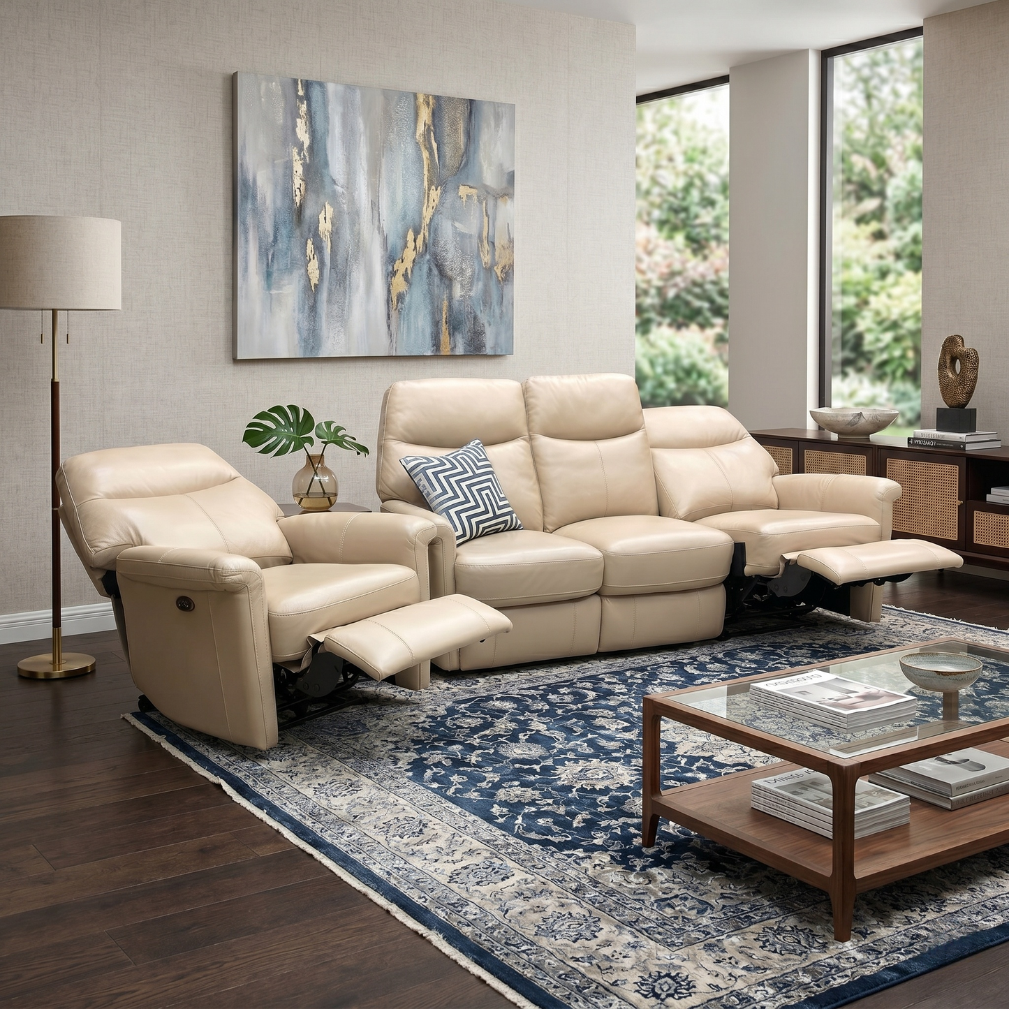 Living room of the sofa's side panel, showing a visible scuff mark on the leather surface near the base.