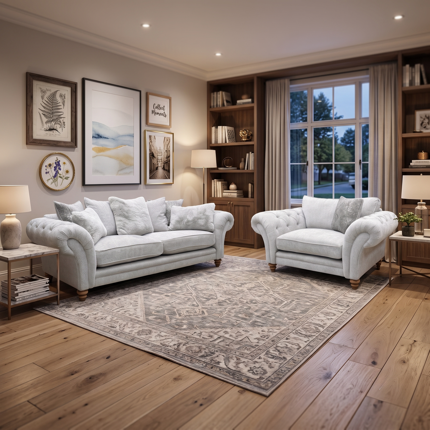‘Blenheim’ Darwin Silver Of Fabric 4 Seater Scatter Back + Snuggler Chair Sofa Set