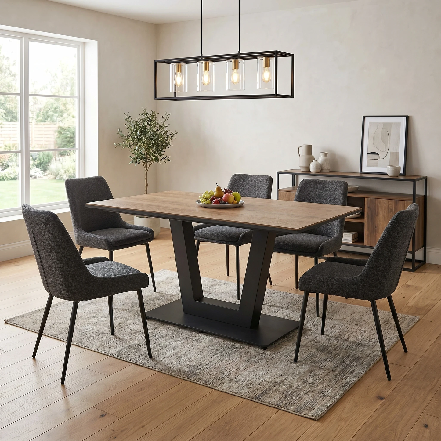 Lifestyle shot of the Venus 135cm dining table in a contemporary dining room setting, styled to seat up to 6 people.