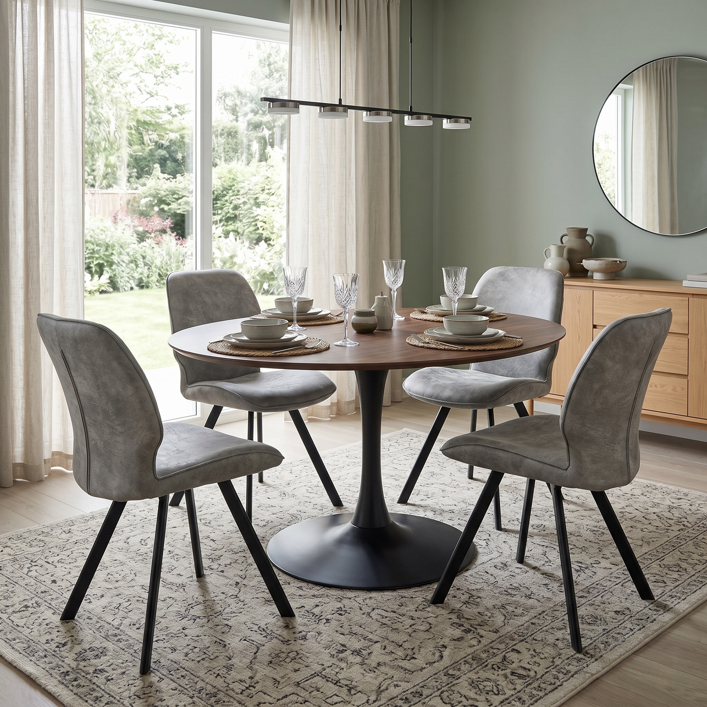 Living Room view of a Montreal grey velvet dining chair, highlighting the plush padded seating surface and elegant transitional backrest design.