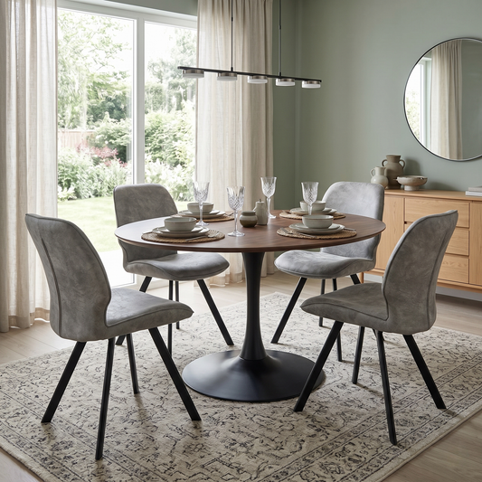 Living Room view of a Montreal grey velvet dining chair, highlighting the plush padded seating surface and elegant transitional backrest design.