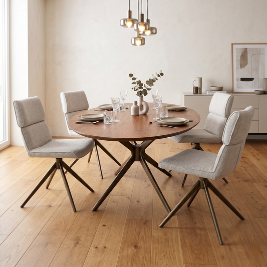 Dining room of the set of four pale grey chairs paired with a contemporary dining table in a stylish home setting.