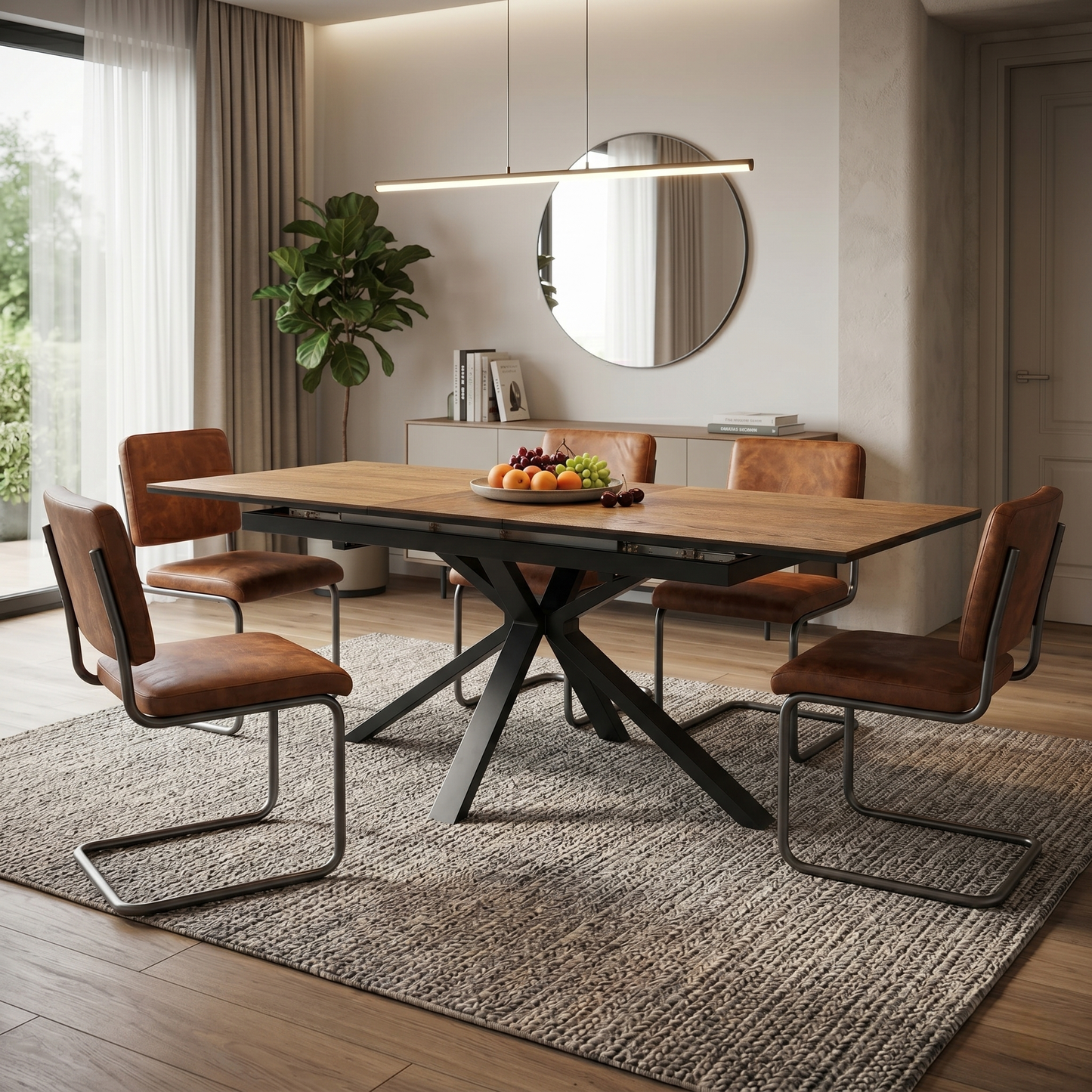 Dining room of the Jupiter table in a modern dining setting, showing how its ergonomic design comfortably accommodates larger groups.