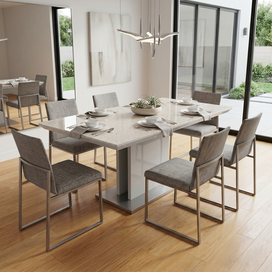 Dining room of the Grigio fixed dining table against a white background, highlighting its elegant 6-seater capacity and compact design.