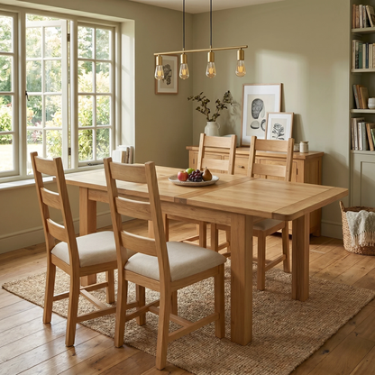 Dining room of the Augusta dining table in a contemporary dining room setting, illustrating its versatile and characterful design.