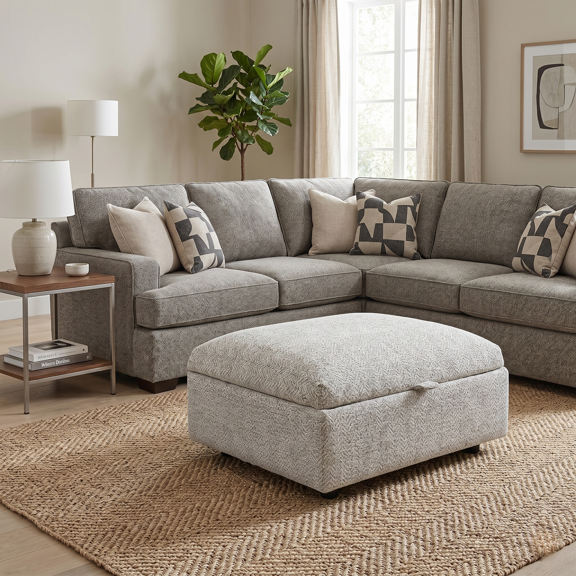 Living room view of the Hudson Storage Stool, highlighting the neutral stone-colored upholstery and the premium tailored finish of the Parker Knoll Hudson collection.