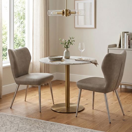 Dining room of the set of 2 chairs, providing a perspective on their footprint and styling potential in a home setting.