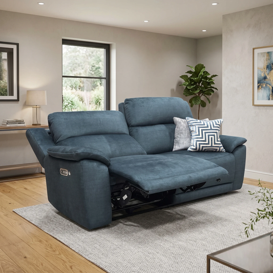 'Utah' Giula Dark Blue Velvet 3 Seater Power Recliner Sofa with Power Headrests Power Lumbar and Heated Seats