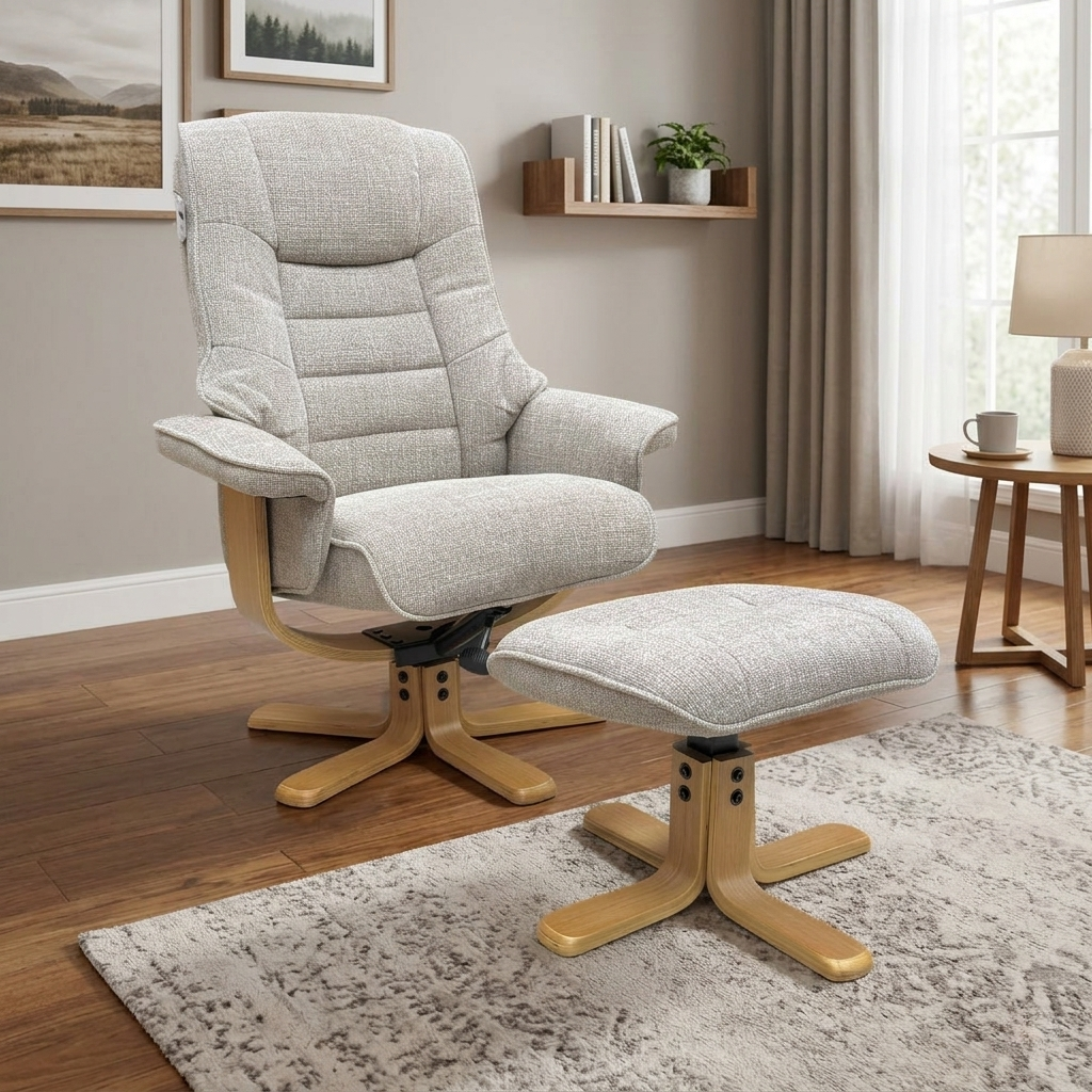 Living room view for the Riga Chacha Oat set, highlighting the 360-degree swivel rotation and the soft, heavy-weave textured upholstery.