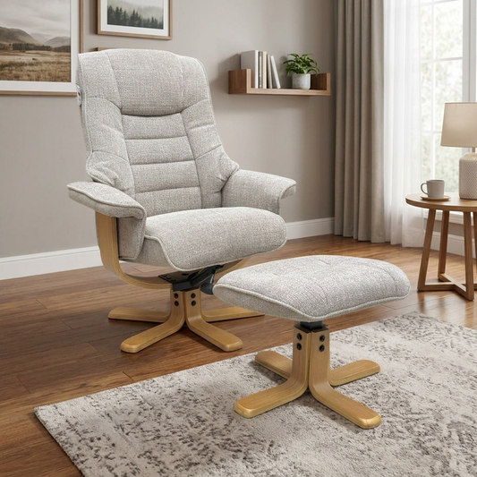 Living room view for the Riga Chacha Oat set, highlighting the 360-degree swivel rotation and the soft, heavy-weave textured upholstery.