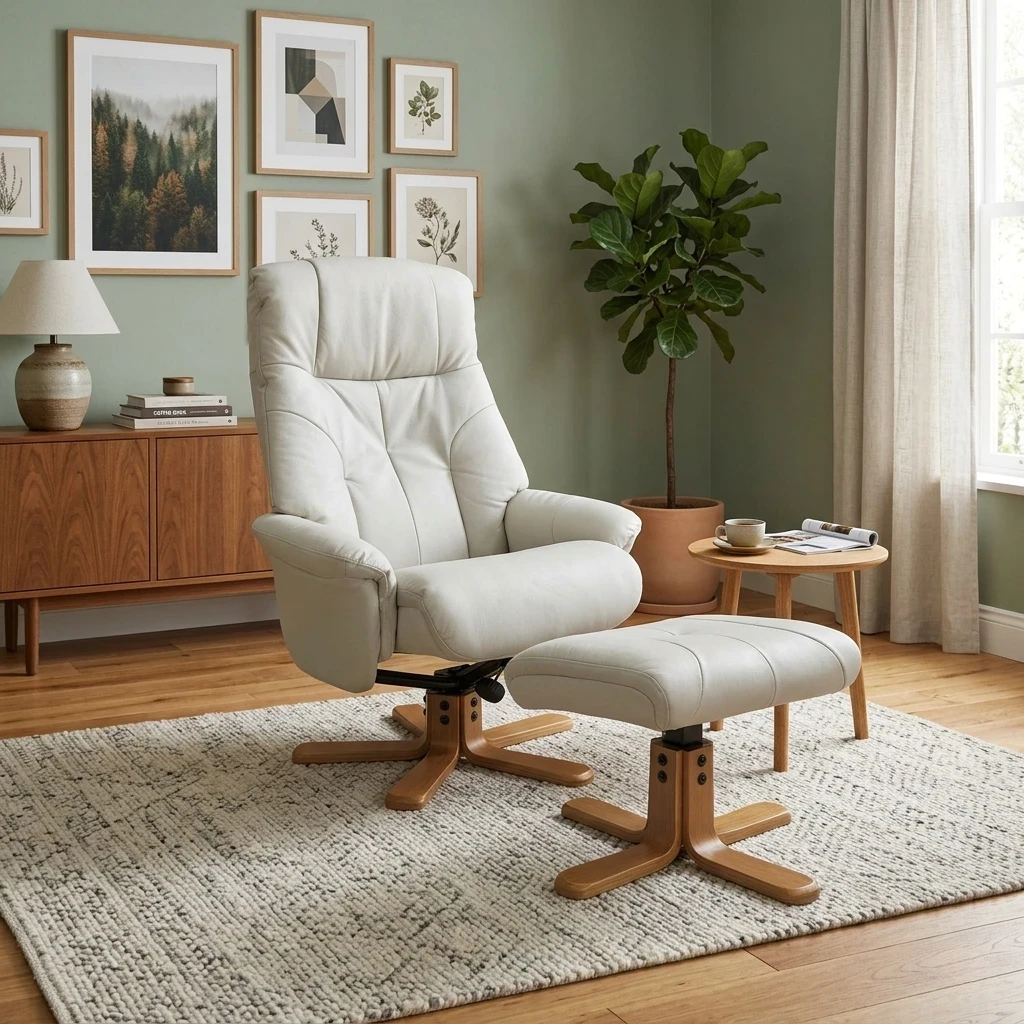 Living room view for the Muscat Recliner set, highlighting the 360-degree swivel base, manual recline mechanism, and ergonomic lumbar support.