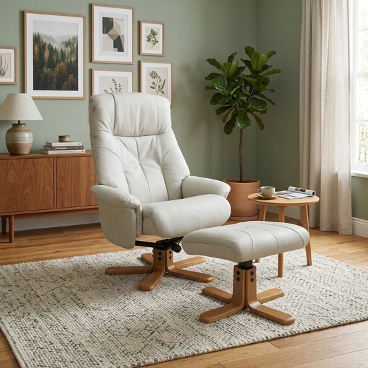 Living room view for the Muscat Recliner set, highlighting the 360-degree swivel base, manual recline mechanism, and ergonomic lumbar support.