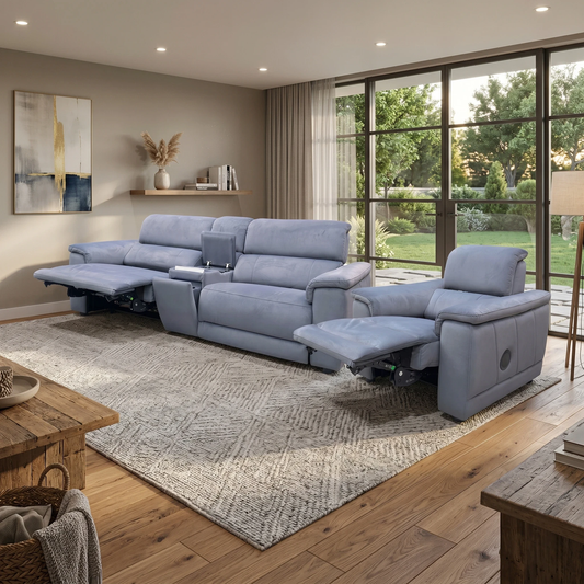 'Genius’ Bella Iron Grey 43460 Velvet 3 Seater Power Recliner Media Sofa with Power Headrest, Power Lumbar and Heated Seats with Armchair