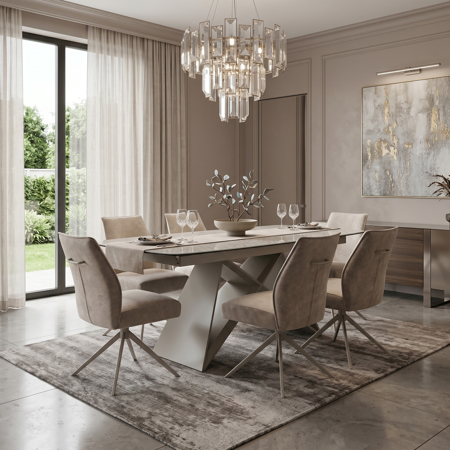 ‘Mirage’ 180cm Large Pop Up Extending Ceramic Dining Table & 6 Swivel Armless Chairs