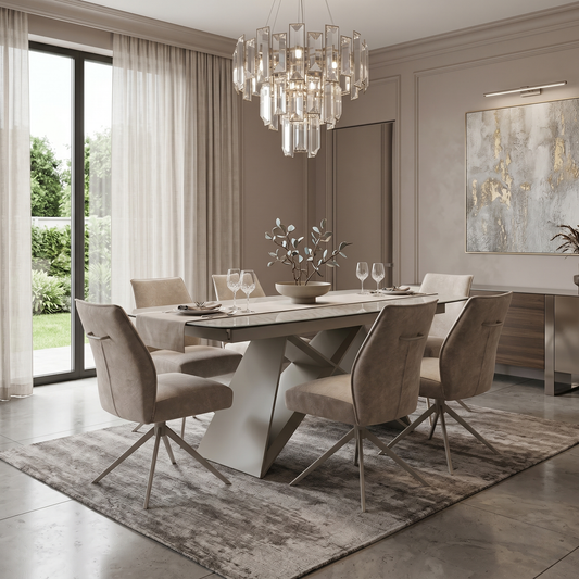 ‘Mirage’ 180cm Large Pop Up Extending Ceramic Dining Table & 6 Swivel Armless Chairs