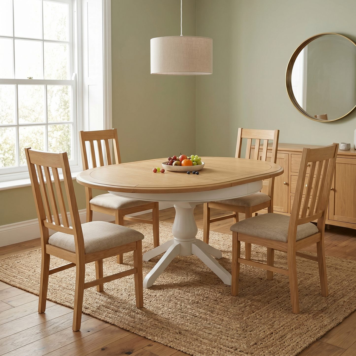 Dining room view of the 'Hamilton' solid oak dining table, highlighting its versatile round design, extending capability, and premium oak construction.