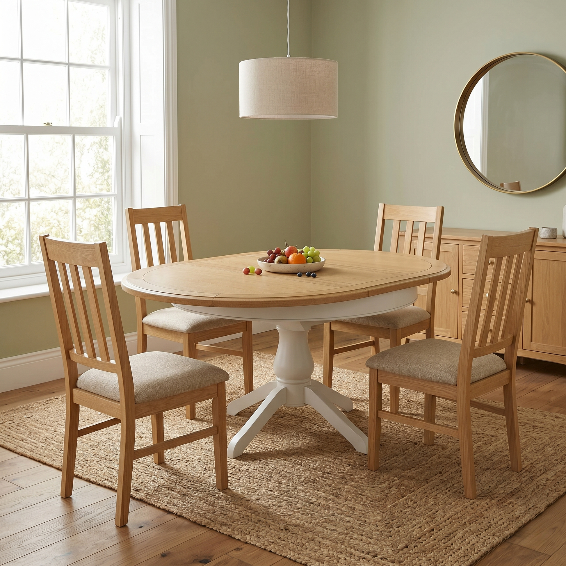 Dining room view of the 'Hamilton' solid oak dining table, highlighting its versatile round design, extending capability, and premium oak construction.