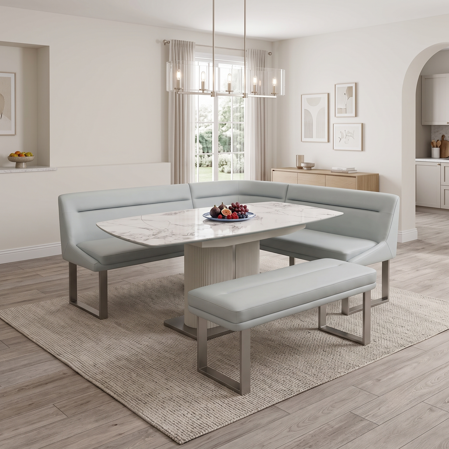 'Avorio' Marble-Effect Ceramic Top Swivel Extending Dining Table with Neutral Faux Leather Left Hand Facing Corner Dining Bench & Low Dining Bench Furniture Village