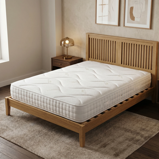 Bedroom view for the Sleep Story Deluxe Mattress, highlighting the firm orthopaedic support and hypoallergenic materials.