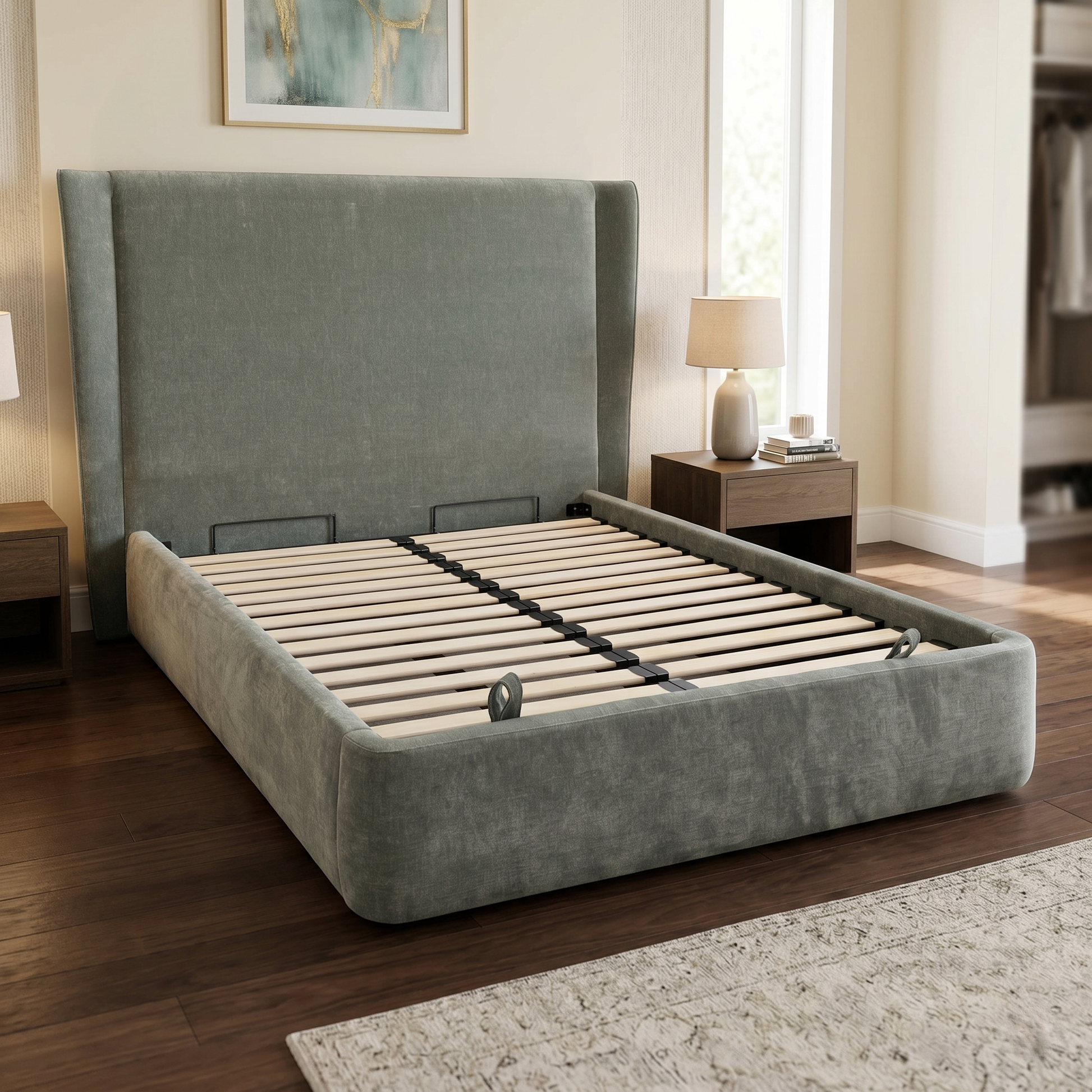 Bedroom view for the ‘Dior’ Forest Green fabric end ottoman bed frame, highlighting the spacious under-bed storage compartment, powerful gas-lift hydraulic system, and premium fabric finish.