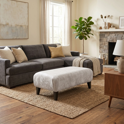 ‘Aura' Kenzo Cream Dw Footstool, styled in a lifestyle room setting