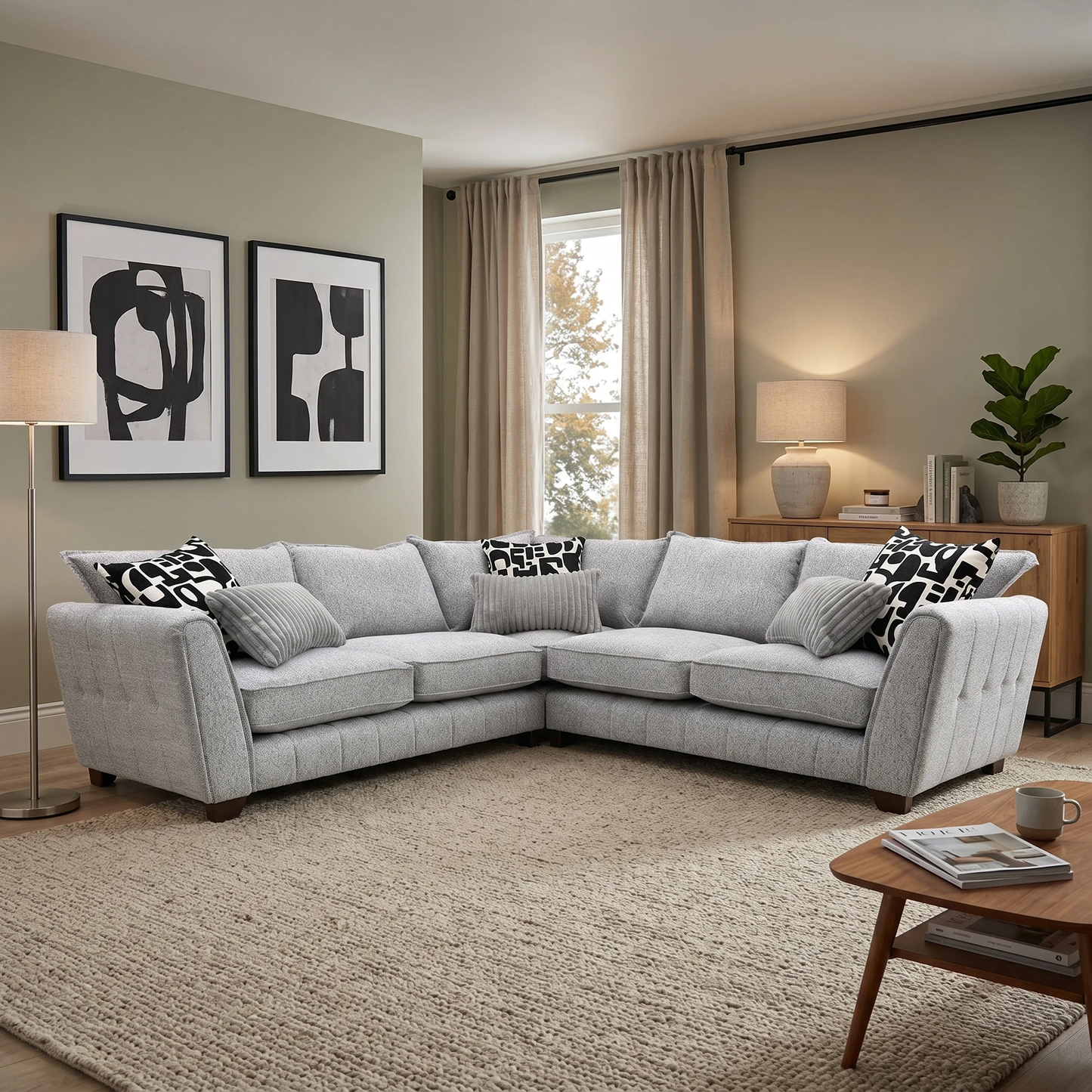 ‘Serena’ Zara Grey Woven Fabric Formal Back 2 Corner 2 Sofa