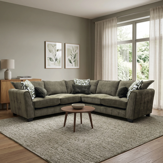 ‘Serena’ Derwent Olive Green Linen Fabric Formal Back 2 Corner 2 Sofa
