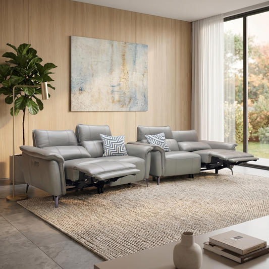 ‘Jude’ Oslo Elephant Grey Cat-40_15 Leather 3 + 2 Seater Power Recliner Sofa Set with Telescopic Headrests, Power Lumbar and Heated Seats