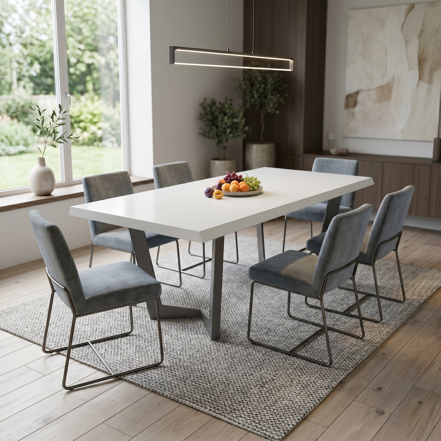 Dining room view for the Palazzo table, highlighting the double extension leaf system and the three available dining lengths.