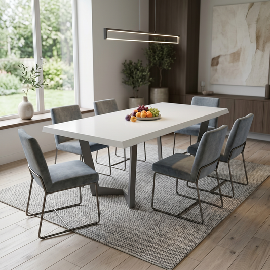 Dining room view for the Palazzo table, highlighting the double extension leaf system and the three available dining lengths.