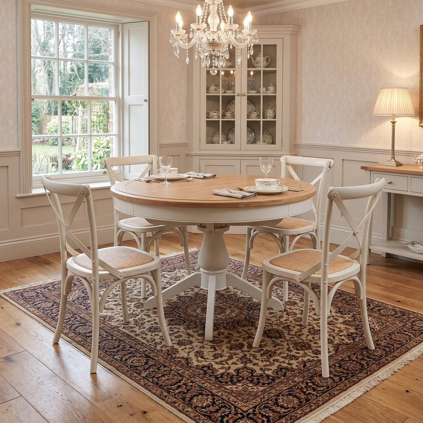 Dining room view for the Hamilton round dining table, highlighting the durable solid oak construction, timeless country-style aesthetic, and sturdy pedestal base.